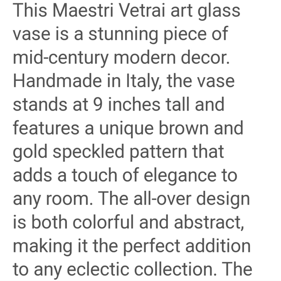 Vintage Maestri Vetrai Brown/Gold Speckled Large Mid-Century Modern Vase - Picture 8 of 8